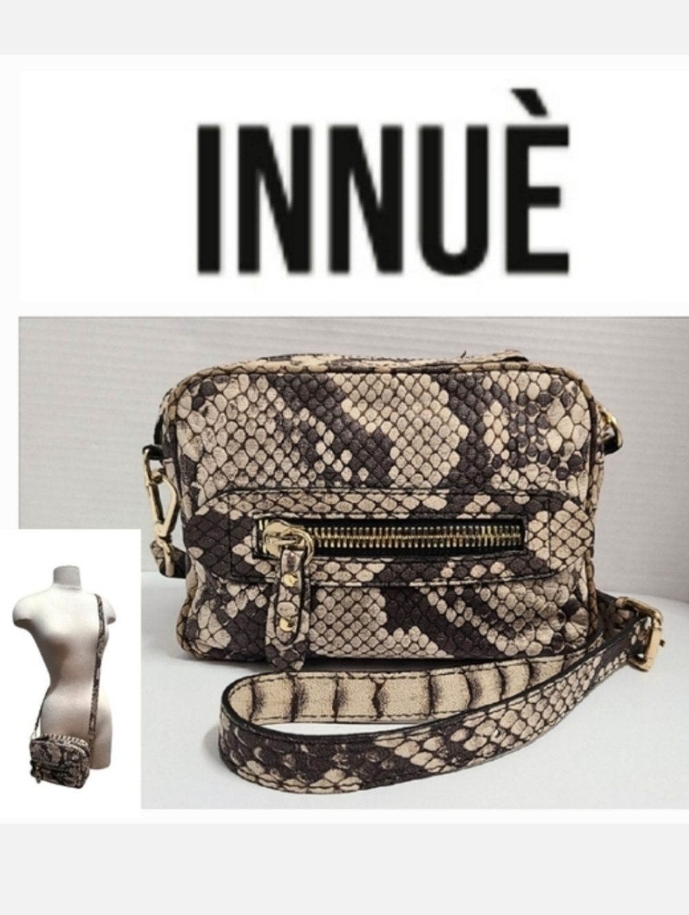 INNUÈ Italy Leather Camera Crossbody Bag Brown/Cream Python Embossed